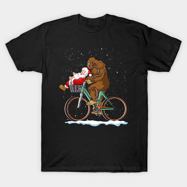 Bigfoot and Santa riding a bike T-Shirt by JameMalbie